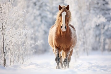Horse in the snow. A powerful horse standing in a snow-covered forest