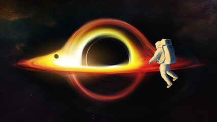 Astronaut looks at black hole and event horizon. Elements of this image furnished by NASA. © Paopano
