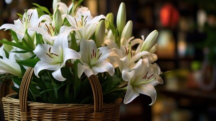 Bouquet of white lilies in a wicker basket on a blurred background. Mother's Day Concept. Valentine's Day Concept with a Copy Space. Springtime.