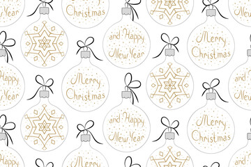 Seamless pattern with christmas decorations, lettering merry christmas and happy new year.