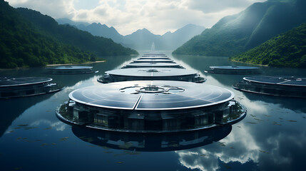 floating solar panel on the reservoir, future energy, technology - obrazy, fototapety, plakaty