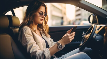 Successful attractive woman in smart casual wear is using her smart phone while sitting at steering wheel in modern car. Roadside assistance app, car service. Paying for refueling from the car