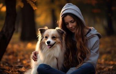 Young attractive woman hugging border collie dog in autumn in park. Woman making memories and spending quality time with her dog in park.