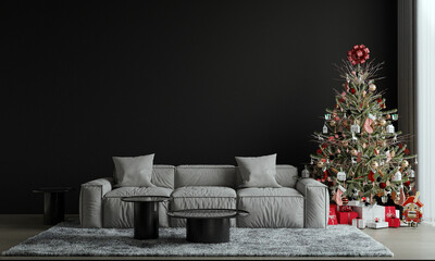 Big christmas tree decorated with beautiful living room and many different presents on wooden floor. Blue wall background. 3d render.
