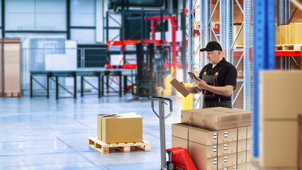 Man storekeeper. Fulfillment center specialist. Large distribution warehouse. High storage racks in...