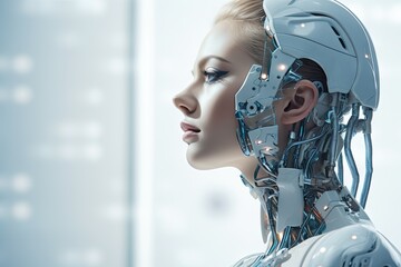 Fototapeta premium A symbolic concept image of AI technology fused with a human robot brain.by Generative AI.