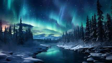 beautiful landscape of aurora in north pole with the lake and snow - obrazy, fototapety, plakaty