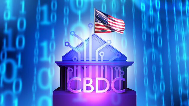 CBDC USA. Central bank digital currency. Federal reserve building. CBDC logo with binary code. Integration of blockchain into USA financial system. CBDC cryptocurrency in USA. 3d image