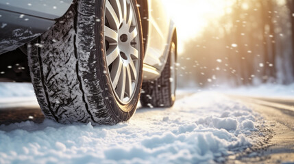 Winter tires special offer. Closeup view of the car's wheel on the snowy road. Driving in extreme winter conditions. Tire change service banner. Safety on the road, defensive driving courses - obrazy, fototapety, plakaty