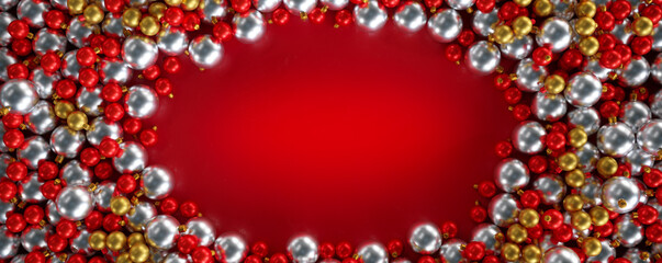 Merry Christmas banner design. Flat lay red and golden balls decorations on background. Vintage style. Flat lay, top view. 3d illustration.