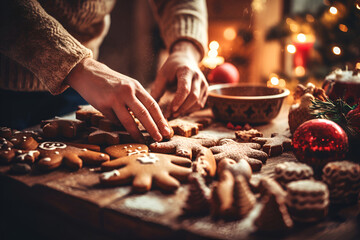 Close up of female hands decorating Christmas gingerbread cookies