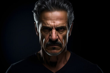 Obraz premium Sulking mature Latin American man, head and shoulders portrait on black background. Neural network generated photorealistic image