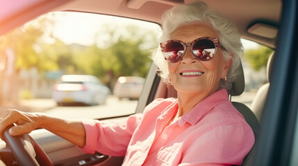 Joyful mature woman wearing sunglasses driving a car and looking at camera through open window. Happy senior woman driver, active aging concept, retirement activity. Road trip. Driving courses