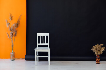 white chair on black background decorative flowers interior in the room