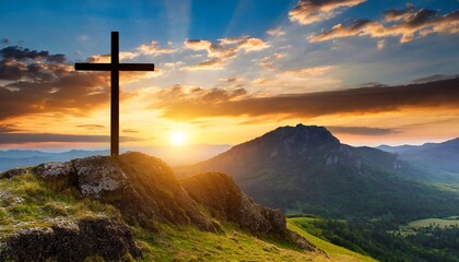 One cross on the mountain with sunset. 