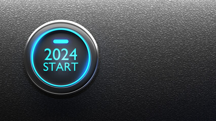 2024 start button. New year is approaching. Beginning of Christmas holidays. Technology logo 2024. New year holidays. Start of 2024 celebration. New year minimalistic background. 3d image - obrazy, fototapety, plakaty