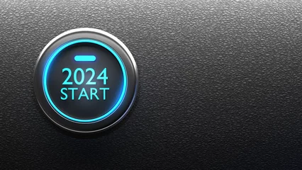 Foto op Plexiglas 2024 start button. New year is approaching. Beginning of Christmas holidays. Technology logo 2024. New year holidays. Start of 2024 celebration. New year minimalistic background. 3d image © Grispb