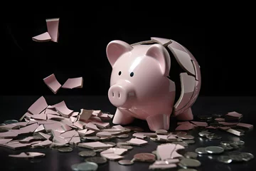 Fotobehang Geldsorgen in Scherben: Zertrümmertes Sparschwein als Symbol für finanzielle Not © Max