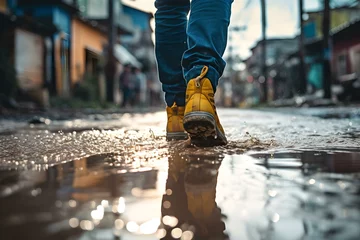 Fotobehang Resilient Stride: Walking Through Wet and Muddy Streets After Flooding © Max