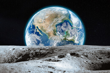 View from the Moon with craters on Earth in deep space. Moon and Earth. Elements of this image furnished by NASA.