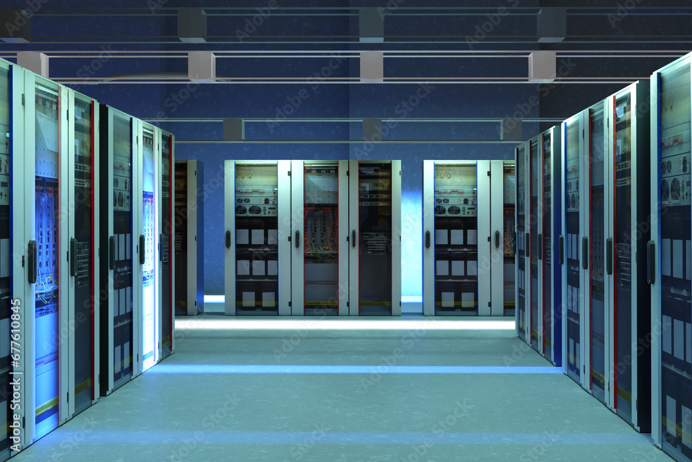 Poster server room. boxes with telecommunications equipment. interior of hosting company. servers in cabine