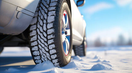 Winter tire on snowy landscape background. Detail of car tires in winter on the road covered with...