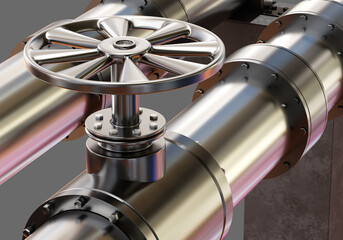 Steel pipeline. Galvanized pipe with rotary valve. Pipeline for supplying oil or gas. Industrial pipe close-up. Modern pipeline for supplying manufactory with fuel. Production pipe. 3d image