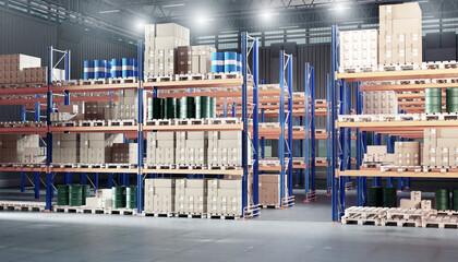 Warehouse space. Multi-tiered racks with boxes and pallets. Warehouse building with parcels....