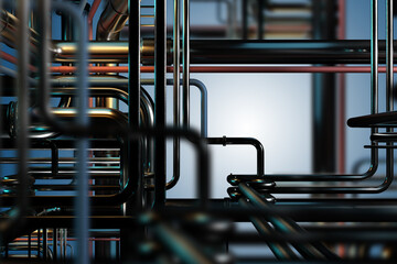 Background with pipes. Industrial premises with tangled pipelines. Pipes in boiler room. Pipeline...