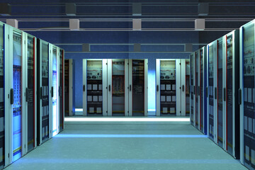 Server room. Boxes with telecommunications equipment. Interior of hosting company. Servers in...