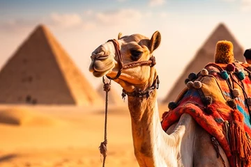 Foto op Canvas Close up view of a camel in Egypt with a pyramid in the background © Victor