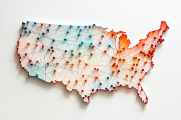 Map of the united states connected by threads and thumbtacks