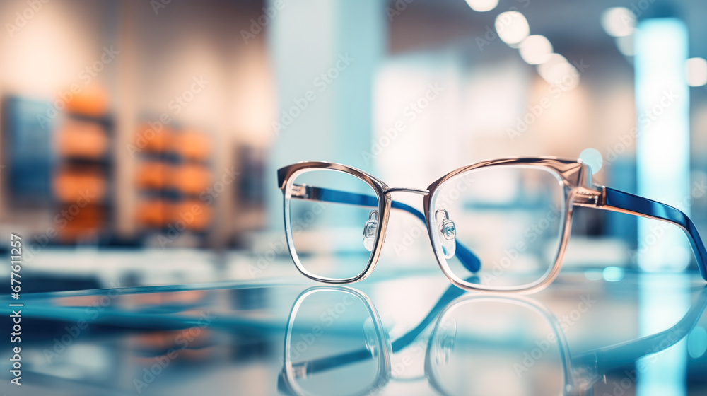 Poster Trendy eyeglasses in metallic frame on a showcase in optics store. Close up. Optic store discount, offer, sale, promotion.