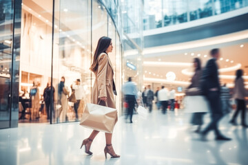 Woman in red dress rushing in shopping mall with bags on black friday to catch huge discounts. Shopping center people motion blur concept.