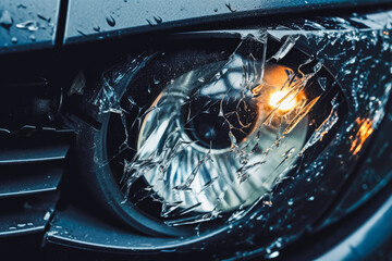 Crushed front light of a car after collision. Broken headlights in car crash.