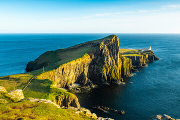 Neist Point lighthouse panorama view, Scotland, Isle of Skye - 677611254