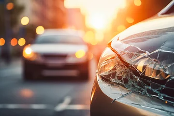 Keuken spatwand met foto Crushed front light of a car after collision. Broken headlights in car crash. © VisualProduction