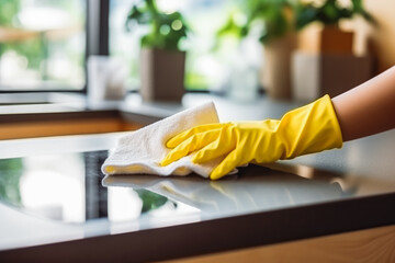 Fototapeta na wymiar Woman in plastic gloves holding a rag is doing cleaning. Cleaning service to clean your home. Woman cleaning room, closeup hands, advertising banner