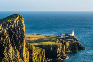 Wandcirkels aluminium Neist Point lighthouse panorama view, Scotland, Isle of Skye © hajdar