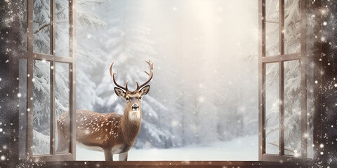 a red deer standing in the woods in the snow, stag in the snow in winter landscape, A deer stands in front of a snow covered field in a winter forest,generative AI