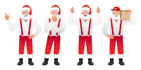 Set of cartoon Santa Claus. Old Santa thought about something, shows a like gesture, points to something. Santa courier is holding a box.