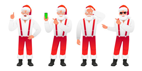 Positive stylish grandfather in a Santa Claus costume points to something, stands in sadness, points to his smartphone with a green screen.