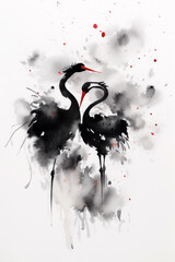 Japanische Tuschezeichnung einer meditativen Zen Landschaft mit Kranich in schwarz weiß rot