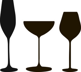set of wine and champagne glasses isolated on white background. vector silhouettes of bar glasses. black shapes of cocktail glasses
