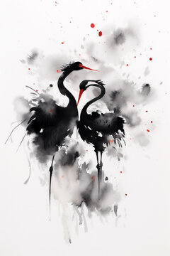 Japanische Tuschezeichnung einer meditativen Zen Landschaft mit Kranich in schwarz wei&szlig; rot