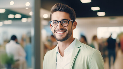 Fototapeta premium Confident smiling business man executive standing in modern office looking and dreaming of future business success, thinking of new goals, business vision and leadership concept.