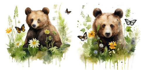 Watercolor illustration of a little bear surrounded by grass, ferns flowers and butterflies. delicate and peaceful spring nature scene isolated on transparent background - obrazy, fototapety, plakaty