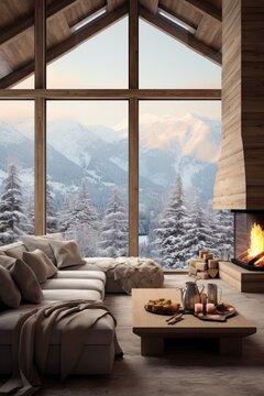 Fototapeta Winter cabin with a peaceful interior design, plush seating, and a panoramic view of a snowy mountain at dawn