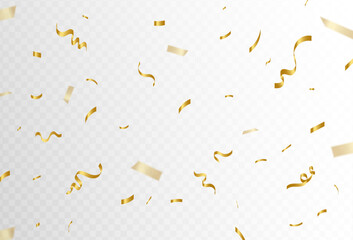 Confetti explosion on transparent background. Shiny golden paper pieces flying and spreading. for your events and business. vector illustration - obrazy, fototapety, plakaty