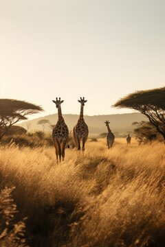 A striking image of giraffes amid tall grass in the savanna, with trees under the warm golden hour light